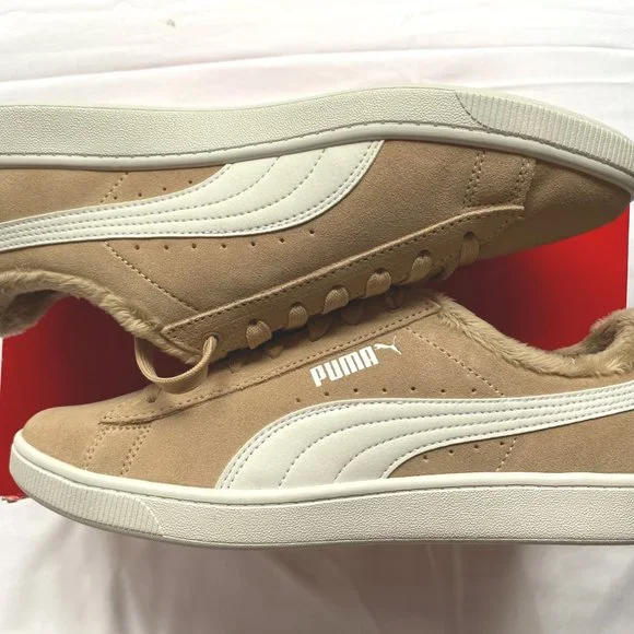 NIB PUMA Vikky V2 Fur Suede Court Sneaker in Nougat/White - Picture 7 of 8